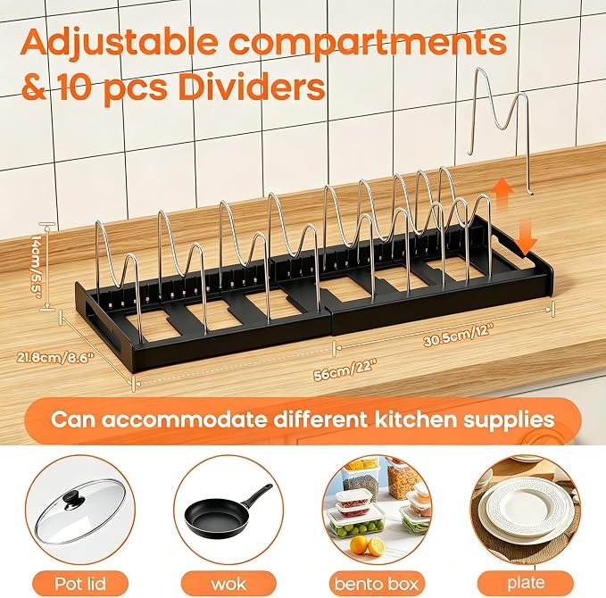 Nigelia Pots and Pans Organizer for Under Cabinet 22" Expandable Food Storage Container Lid Organizers with 10 Adjustable Dividers Pot and Pan Lid Holders Rack Inside Cabinet&Kitchen Countertop(Black) - Image 4