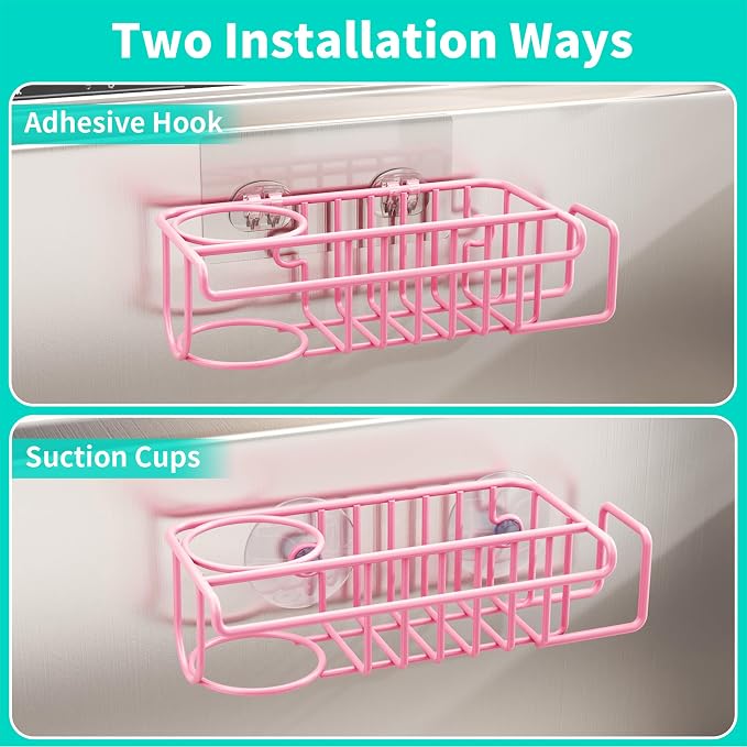 HapiRm Sink Caddy Sponge Holder - No Drill Sponge Holder for Kitchen Sink, Rustproof and Waterproof Kitchen Organizer - Pink - Image 2
