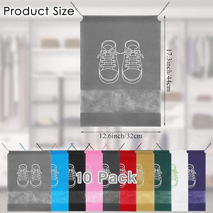 10 Pcs Portable Travel Shoe Bags, 17.3 x 12.6 Inches Waterproof Non-Woven Shoe Organizers Storage Bags, Large Drawstring Shoes Pouch Packing Organizers with Rope for Men, Women, Children - Image 2