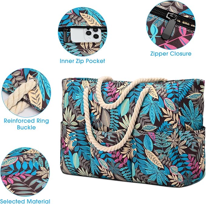 Becokan Beach Bags for Women Canvas Large Beach Tote Bag Zipper Waterproof Sandproof Foldable Swim Pool Bag with 7 Pockets - Image 4