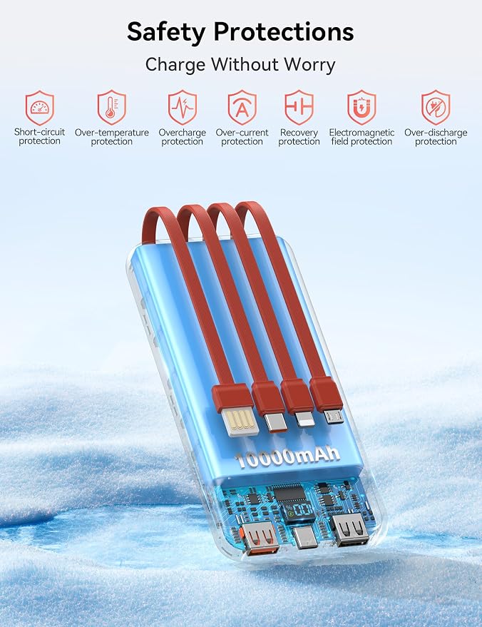 Nusyddy Portable Charger 10000mAh 22.5W w/4 Built-in Cables/6 Outputs Red | 22.5W Fast Charging, LED Display, Pass Through Charging, Charge 6 Devices at once, TSA Approved, Fits iPhone, iPad, Samsung - Image 8