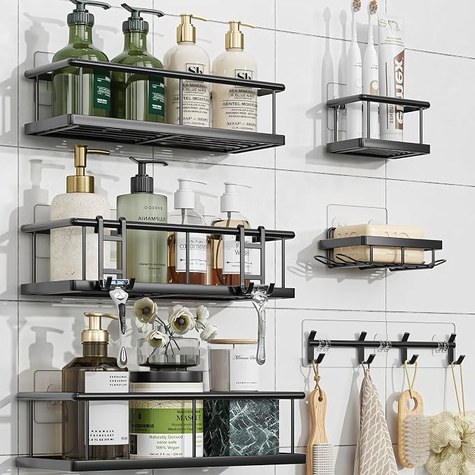 Simple Trending 6 Pack Shower Caddy Adhesive, Rustproof Shower Shelves | Stainless Steel Shower Organizer with Large Capacity, No Drilling Bathroom Organizers and Storage for Home Decor, Black by SimpleTrending