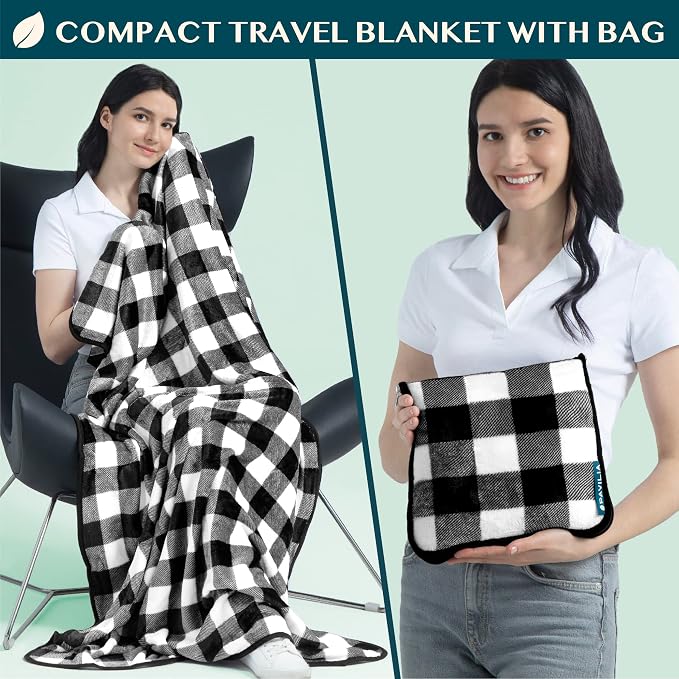 PAVILIA Travel Blanket Pillow, Soft Airplane Blanket 2-in-1 Combo Set, Plane Blanket Compact Packable, Flight Essentials Car Pillow, Travelers Gifts Accessories, Backpack Strap, 60x43 Checker White - Image 2