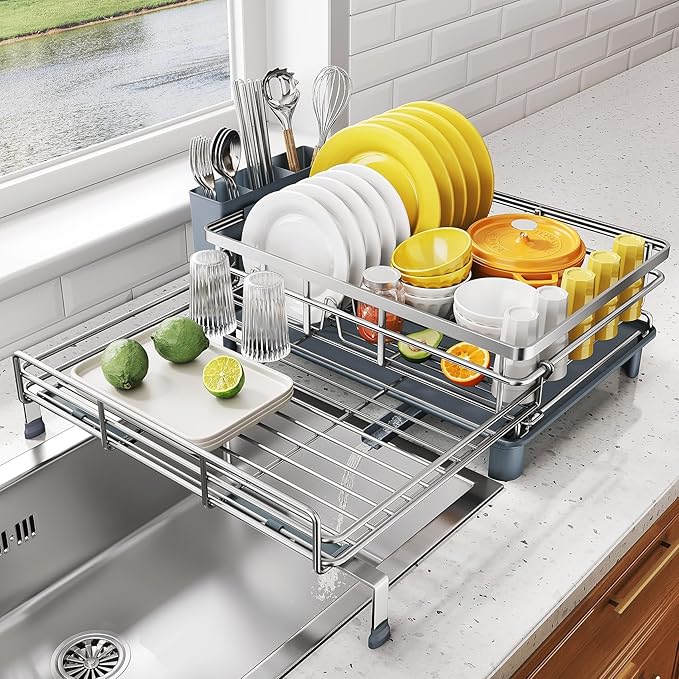 Expandable Dish Drying Rack for Kitchen Counter, Stainless Steel, Silver | Foldable Over Sink, Large Capacity, Adjust to Fit Most Sinks, Angled Drainboard, Removable Utensil Holder, Slip Resistant by SNTD