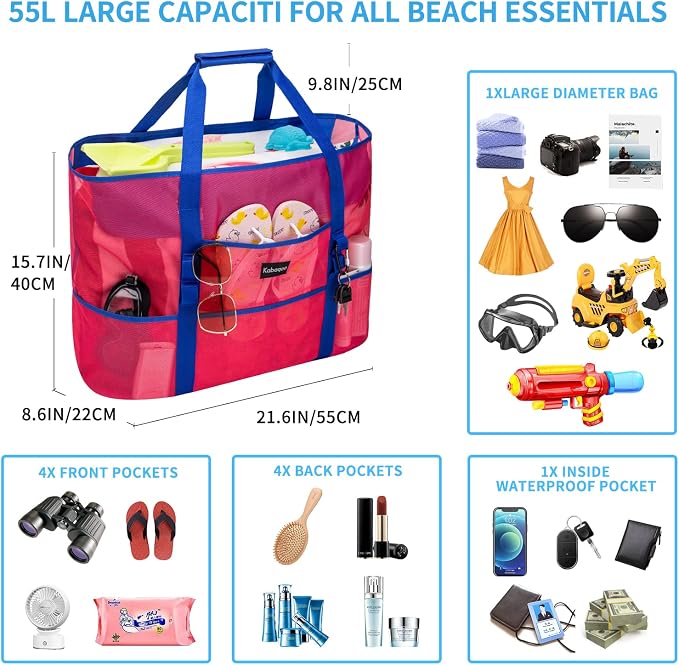 KABAQOO Mesh Beach Bag, Extra Large Beach Bags with 9 Pockets & Zipper Waterproof Lightweight Beach Tote for Beach/Pool Trip - Image 3