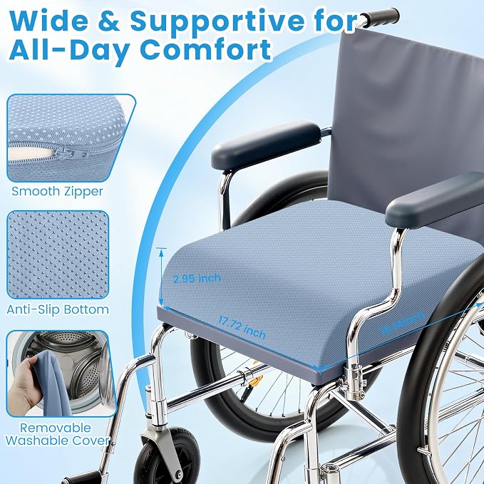 Wheelchair Seat Cushion for Pressure Relief, Cooling Gel Memory Foam Chair Cushion with Slope-Edge Design, Coccyx Support for Tailbone Pain, Non-Slip, for Wheelchairs, Office Chairs, Light Blue - Image 7