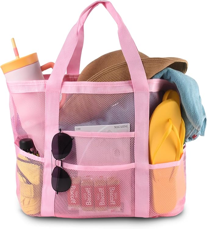 Genteen 40L Mesh Beach Bag, Foldable Sandproof Tote with Waterproof Pocket Quick Dry for Women Family Pool Vacation by Genteen