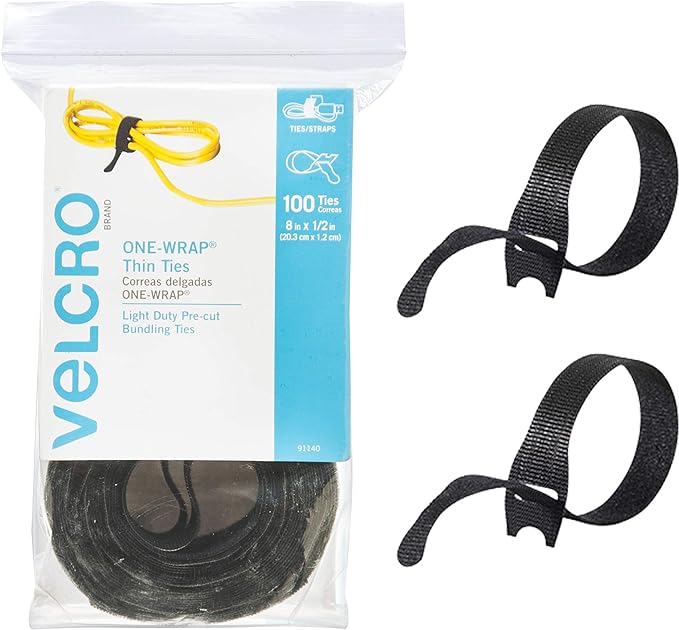 VELCRO Brand ONE-WRAP Cable Ties, 100Pk, 8 x 1/2" Black Cord Organization Straps, Thin Pre-Cut Design, Wire Management for Organizing Home, Office and Data Centers by VELCROBrand