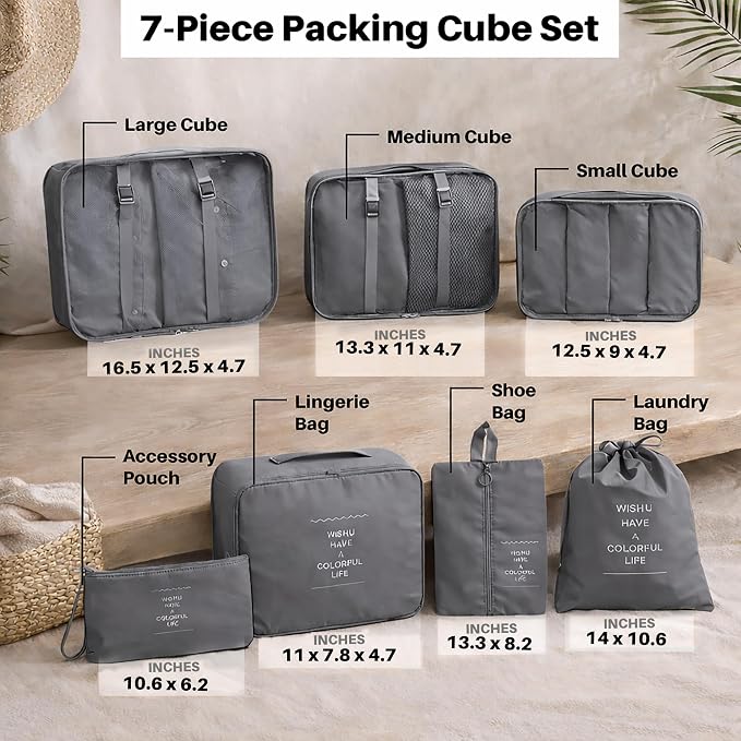 7 Set Packing Cubes For Travel | Luggage Organizer Bags With Shoe, Laundry Bag, Accessory Pouch And Lingerie Bag | Durable And Space Saving Suitcase Organizer For Travel Essentials | Grey - Image 2