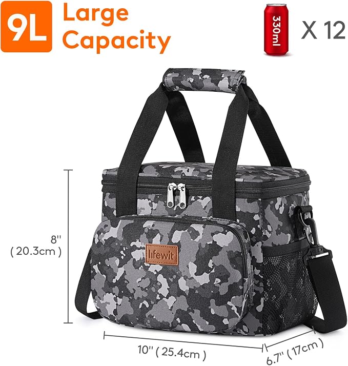 Lifewit Medium Lunch Bag, Insulated Lunch Box, Soft Cooler Cooling Tote for Adult Men Women, Black Camo 12-Can (9L) - Image 3