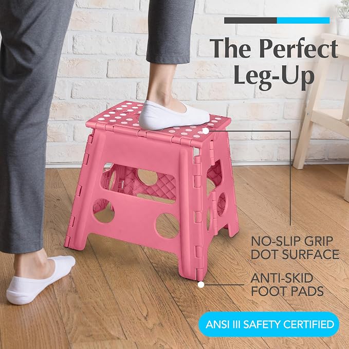 Folding Step Stool 13 Inch for Adults, Non-Slip, Holds Up to 300 lbs - Handy Laundry Foldable Stepping Stool with Handle, Lightweight Collapsible for Kitchen, Bathroom, Bedroom, Pink - Image 2