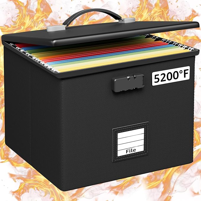 Fire Proof File Box for Documents - Portable Fireproof Document Organizer Box with Handle Waterproof Safe Locking Folder Storage with Lid by ROSONG