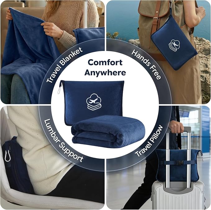 Travel Blanket, Soft 2-in-1 Airplane Blanket, 65x40 Inches, Travel Blanket Airplane Compact with Bag, Car Blanket with Luggage Sleeve & Backpack Clip (Navy Blue) - Image 3
