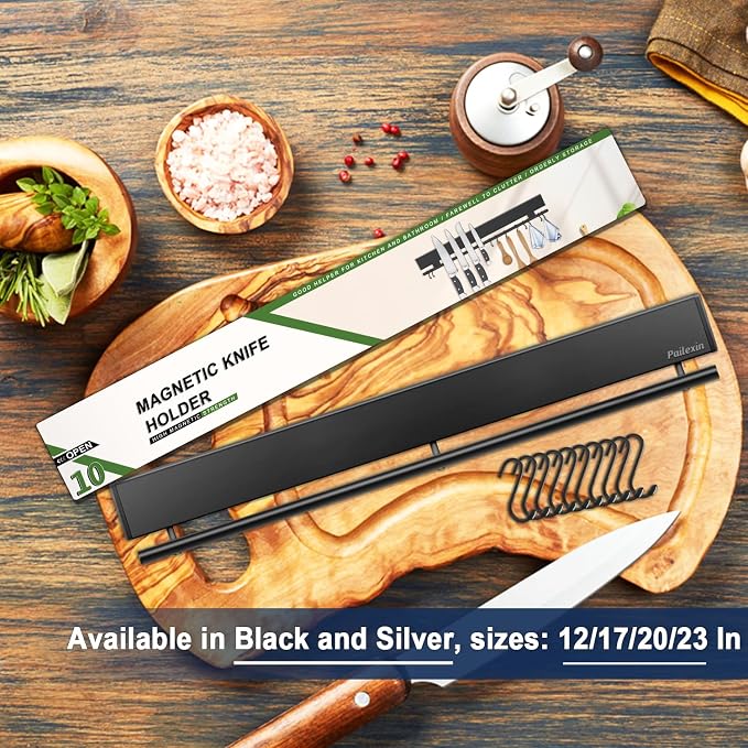 17 inch magnetic knife holder with 10 hooks, No Drilling black knife magnetic strip and utensil hanger for wall, Powerful knife magnet rack include tape and screws - Image 2
