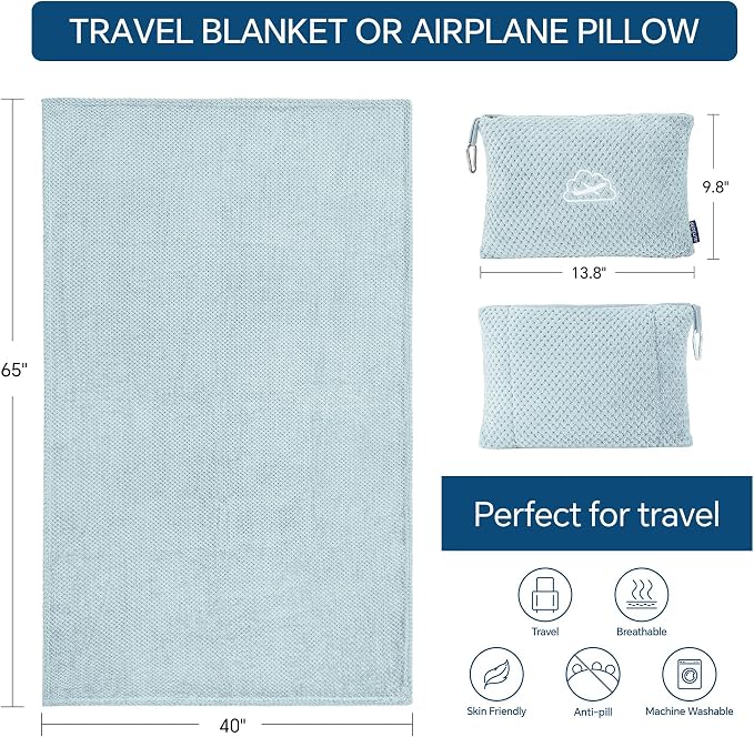 BEDELITE Travel Blanket with Bag, Jacquard Fleece Blanket 65"x40", Blue | Ultra-soft Airplane Blanket, Luggage Sleeve & Backpack Clip, Travel Essentials for Women, Foldable as Pillow for Long Flight - Image 5