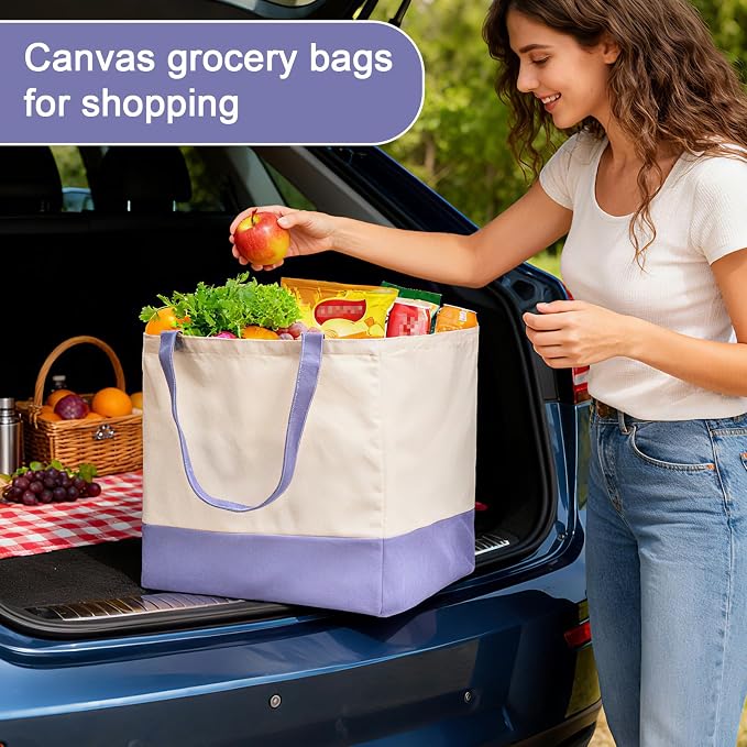 Reusable Grocery Bags Heavy Duty, 8.3 gal Foldable Large Canvas Tote Bag with Handles, Holds 60 lbs Canvas Shopping Bags, 1 Pack（Off White+Light purple） - Image 2