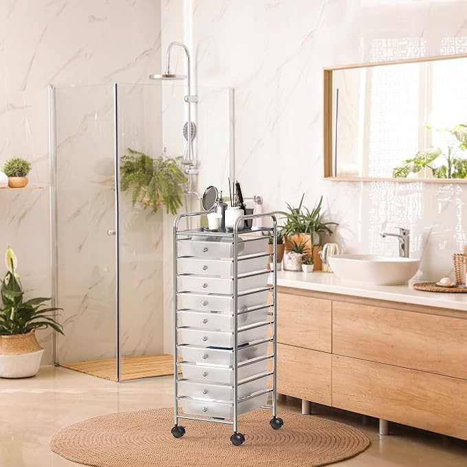 Simple Houseware 10 Drawers Rolling Utility Cart Organizer, Chrome | 1-Column, 36" Height, Lockable Wheels, for School, Office, Art Craft, and Paper Storage - Image 4