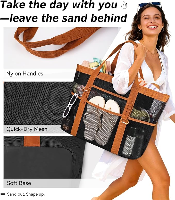Chic Cruise Essentials Beach Bag for Women, Large Zip Top Tote, 11 Pockets | 40L+ Spacious;Mesh × Canvas;Zipper Pouch;Secure Zip-Top;Sand-Resistant Base - Image 6