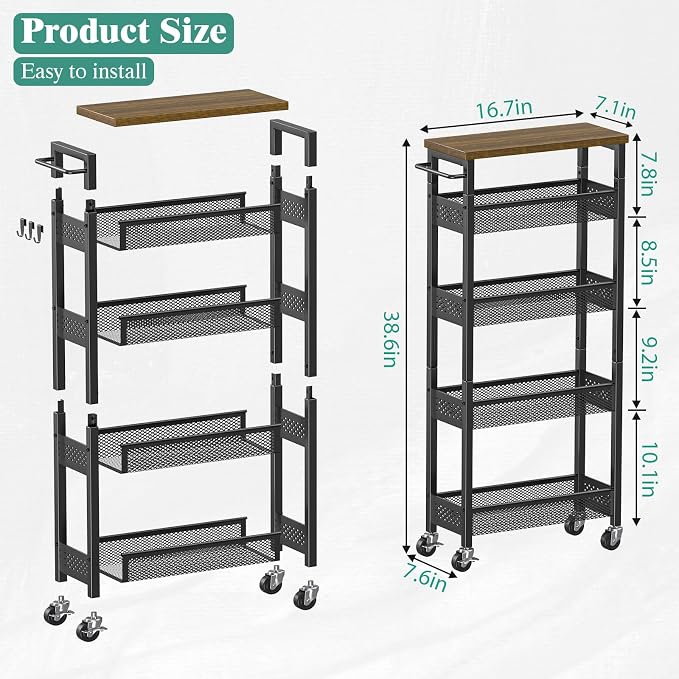Slim Storage Cart 5 Tier Narrow Kitchen Rolling Cart on Wheels for Small Space, Metal Utility Cart Narrow Bathroom Storage Cabinet Mobile Shelf Unit Organizer with Wood Top and Handle, Black - Image 6