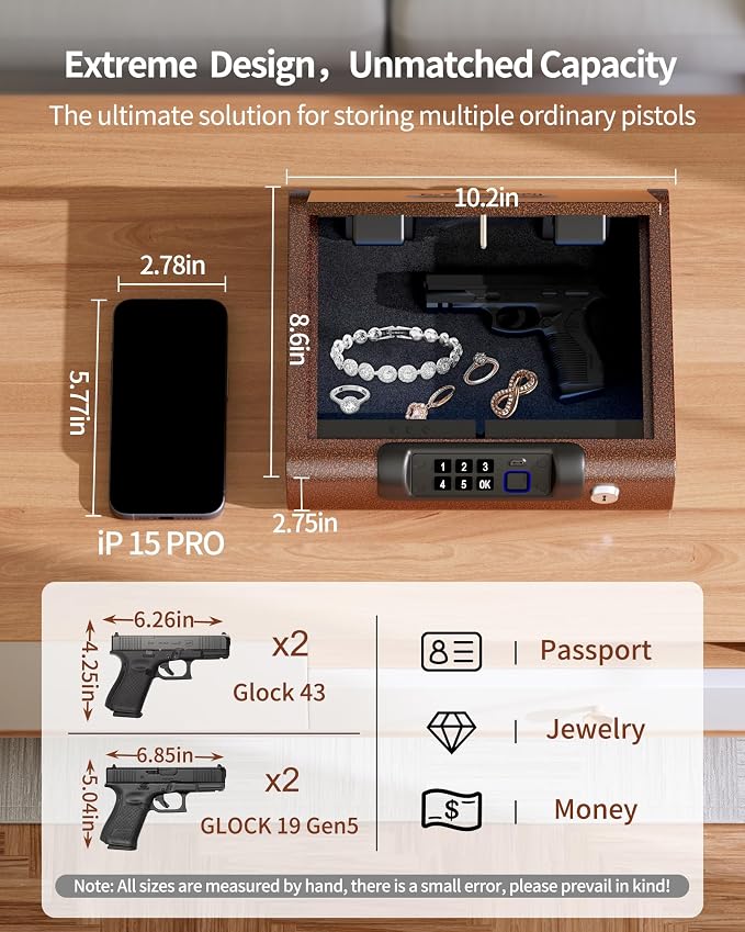 BILLCONCH Gun Safe,Biometric Fingerprint Gun Safe for Handgun Pistol Safes | Fingerprint PIN Key Unlock, Interior Light and USB Charging Lock box with Silent Mode for Bedroom Nightstand - Image 5