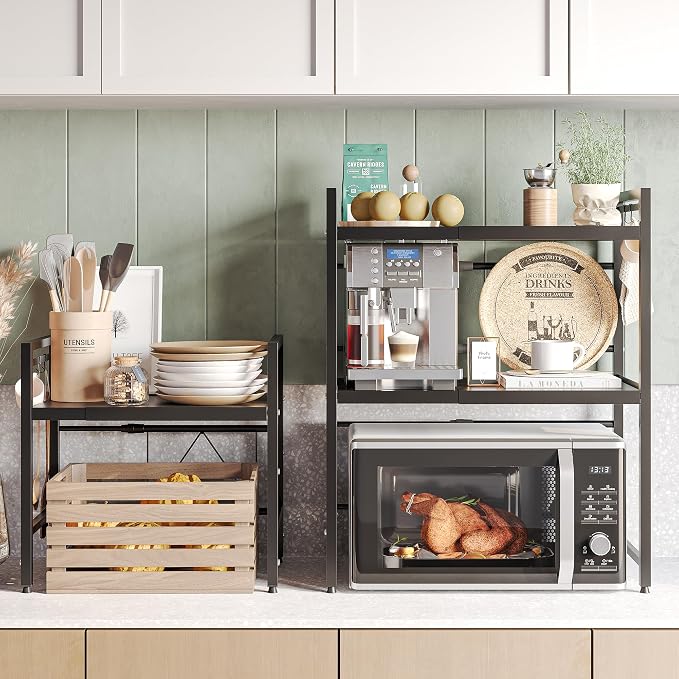 2 Tier Expandable Microwave Stand countertop,Microwave Oven Rack | microwave shelf, storage shelves for pans &appliances,Adjustable partition height，8 Hooks，55lbs max load,Black - Image 6