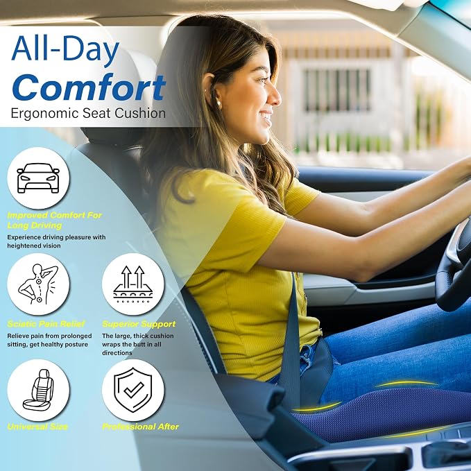 Allaboutsla Car Seat Cushion for Driving, Car Seat Pillow for Short Drivers | Ergonomic Memory Foam Seat Cushion for Pain Relief, Adult Booster Seat for Car, Butt Cushion for Car, Truck, Office, Blue - Image 3