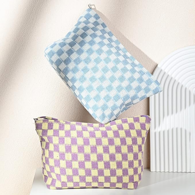 SOIDRAM 2 Pieces Makeup Bag Large Checkered Cosmetic Bag Capacity Canvas Travel Toiletry Bag Organizer Cute Makeup Brushes Aesthetic Accessories Storage Bag for Women,Checkered L Purple Light blue - Image 5