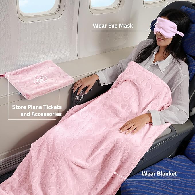 Travel Blanket, Airplane Blanket, Ultra-Soft, Warm & Lightweight, 65x40 in, Outdoor Blanket Essentials for Women, Men & Kids, Included Eye Mask, Luggage Sleeve & Backpack Clip Heart Pink - Image 2