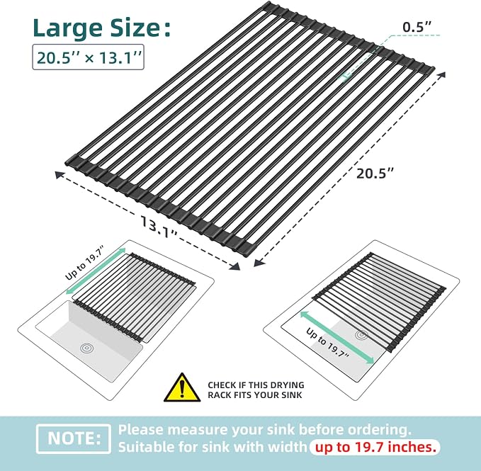 Ohuhu Over The Sink Dish Drying Rack, 20.5" W x 13.1" L Rolling Dish Drainer Foldable Sink Accessories Heat-Resistant Mat Anti-Slip Silicone Coated Dish Racks for Kitchen Counter - Image 2