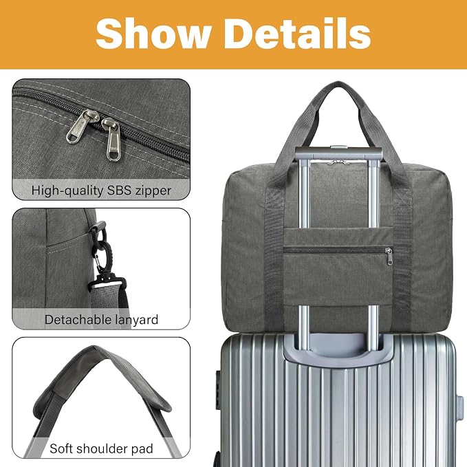 30L Foldable Underseat Travel Duffel Bag 17.3"x13.8"x7.9" – Lightweight Carry on Luggage for Women and Men, Waterproof Overnight Bag, Gym Sport Holdall, Hospital Tote with Trolley Sleeve, Grey - Image 3