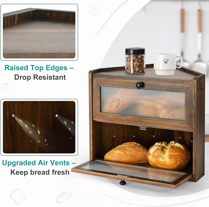 Sunhoo Bread Box for Kitchen Countertop Corner Large Wooden Bread Bin 2 Tier Rustic Food Storage Container with Acrylic Window Farmhouse Keeper Shelf Organizer for Loaves Pastries & Snacks (Brown) - Image 2