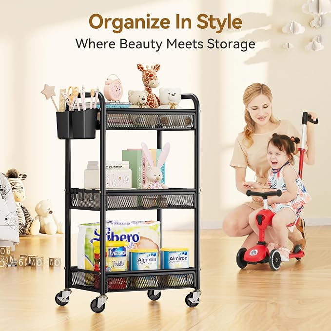 3 Tier Metal Rolling Cart, Black Utility Storage Cart with Wheels | Metal Mesh Craft Cart With Hooks & Hanging Cups, Ideal For Kitchen, Bathroom, Office, Dorm, Art Workspace, Bedside Storage - Image 7