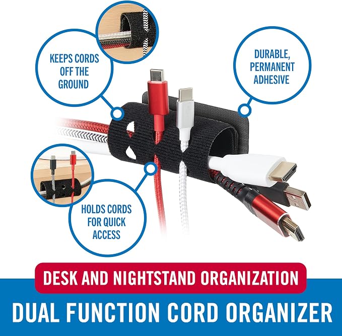 VELCRO Brand Cord Organizer for Desk Cable Management, Nightstand Organization, Unique Dual Function Cable Sleeve Cord Keepers Combo, Holds Wires for Easy Access, Route to Hide, Small 2pk Black - Image 2