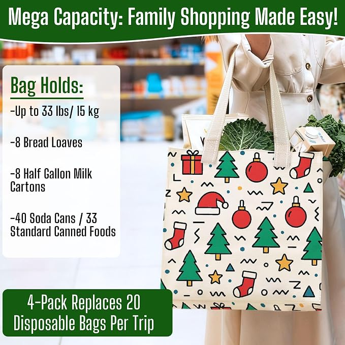 VENO 4 Pack Large Grocery Bag Reusable Shopping Bags with Hard Bottom | Utility Tote with Reinforced Handles, Heavy Duty, Foldable, Stand Upright, for Groceries Shopping Cart(Jingle Mix, 4 Pack) - Image 5