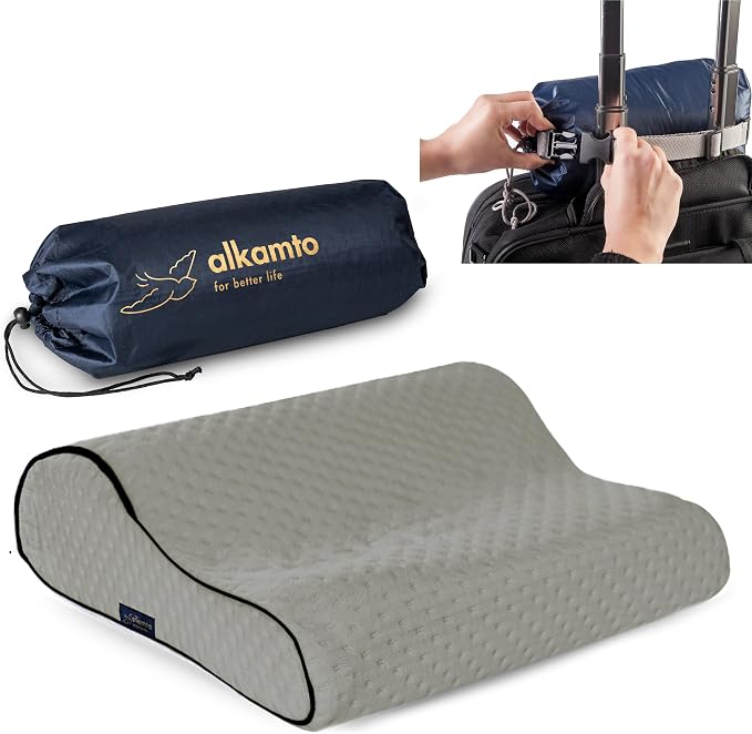 alkamto Travel & Camping Comfortable Memory Foam Pillow – Easy to Carry Portable Bag – Temperature Regulating Pillow Case (Grey Contour) by Alkamto