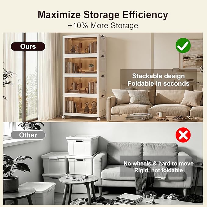 344QT Stackable Storage Bins With Lids, Collapsible Plastic Storage Bins with Wheels and Doors, Foldable Plastic Cabinets for Bedroom Dorm Garage - Image 5