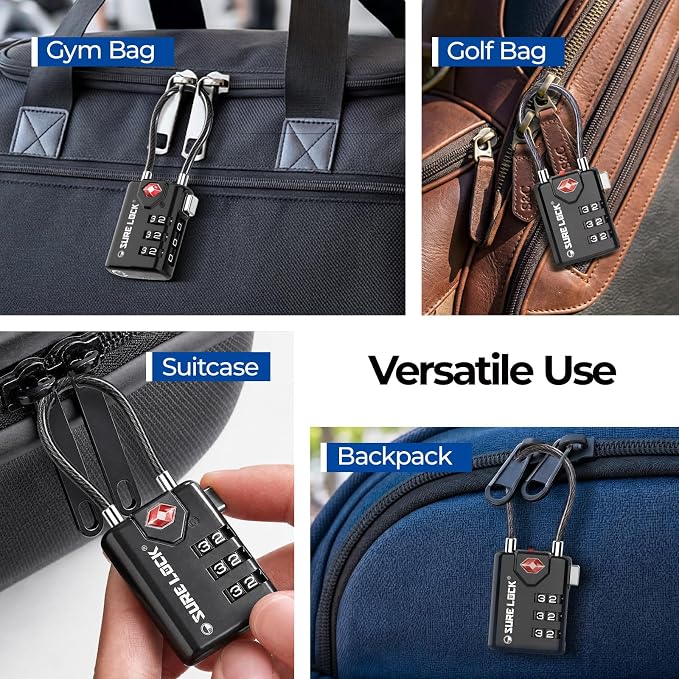 SURE LOCK TSA Approved Luggage Locks with Open Alert Indicator, 3 Digit Combination Cable Travel Lock for Suitcase, Backpack & Travel Bag, 2 Pack Black - Image 6