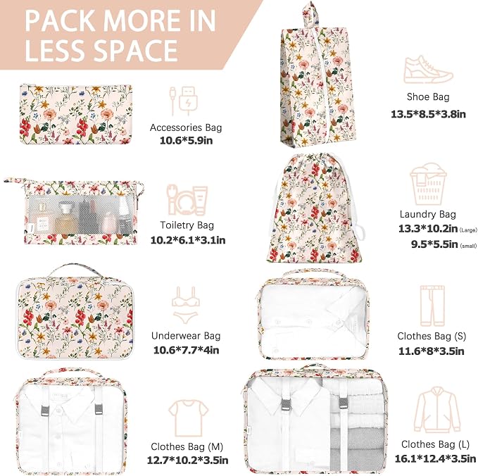 KPX 8 Set Packing Cubes for Travel, Luggage Packing Organizers Accessories Large Toiletries Bag for Clothes Shoes Cosmetics (Retro Flower) - Image 2