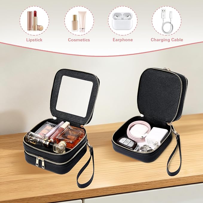 Pinkmik Double Layer Makeup Bag (Black, 2-Layer MINI) | Small Clear Makeup Pouch, Mini Travel Cosmetic & Toiletry Bag, Purse Organizer, Car Essentials for Women - Image 3