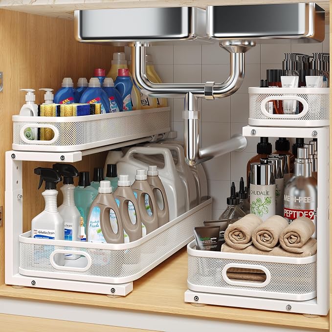 2 Pack 21.3IN-Depth Under Sink Organizer with Smooth Cylindrical Rail,2-Tier Pull Out Multi-Purpose Cabinet Storage for Bathroom&Kitchen,Height Adjustable,Rust-Resistant Coating-White by UnderSinkOrganizer