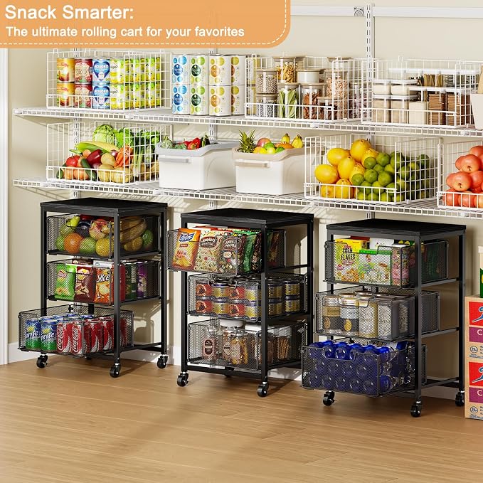 Pantry Organizer and Storage Cart, 3-Tier Kitchen Storage Cart with Drawer, Fruit Vegetable Storage Cart with Wheels, Wooden Top Metal Wire Kitchen Organizer Rack Stand for Food Snack Onion Potato - Image 4