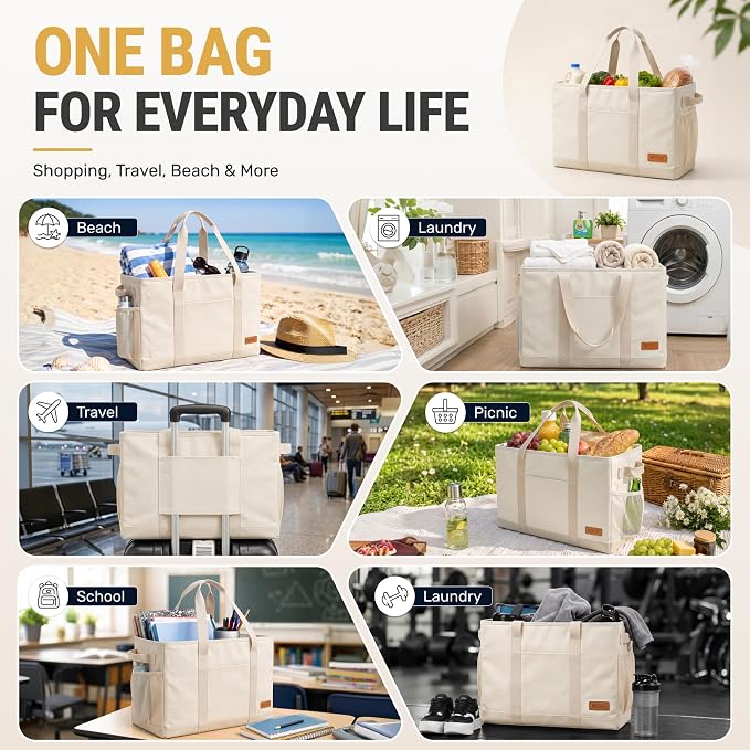 WONDAY X-Large Utility Tote Bag, Standing Reusable Grocery Bag | 22x11x13.5in, 50L capacity, holds 100lbs, collapsible, fabric with leather bottom, for beach travel storage - Image 9