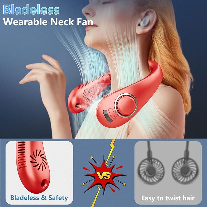 Neck Fans for Women Rechargeable-Foldaway Personal Fan with Water Mist,Wearable Hanging Fan Around Neck,Small USB Rechargeable Neck Cooler for Mother's Day Father's Day Adults Kids Birthday Gifts Red - Image 6