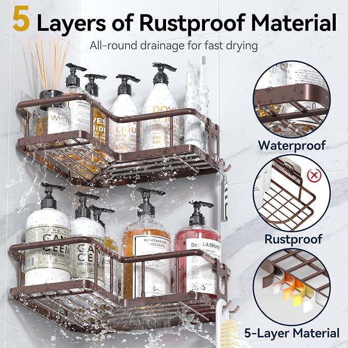 Corner Shower Caddy Adhesive, 100% Rustproof Shower Organizer with Soap Holder, No Drill Shower Shelf for Inside Shower, Wall-Mounted Shower Storage for Homes (3 Pack, Bronze) - Image 5