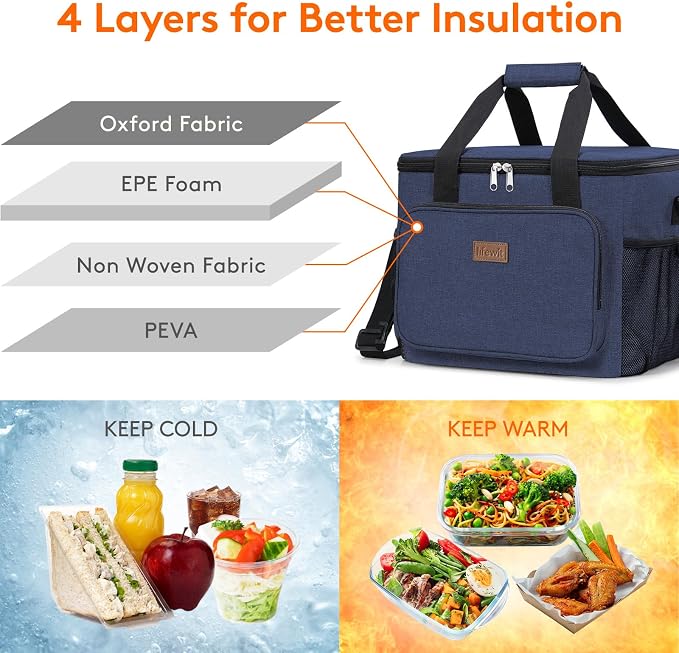 Lifewit Large Lunch Bag, Insulated Lunch Box, Soft Cooler Cooling Tote for Adult Men Women, Dark Blue 40-Can (24L) - Image 2