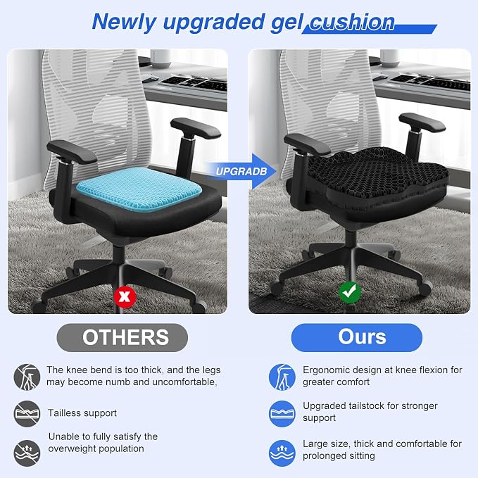 Thicken 19.7in Seat Cushion, Gel Seat Cushion for Long Sitting–Office Chair, Wheelchair, Car Cushion, Large Cooling Pad for Back Pain, Sciatica, Tailbone Pain Relief | Office Chair, Wheelchair, Car Cushion, Large Cooling Pad for Back Pain, Sciatica, Ta... - Image 4