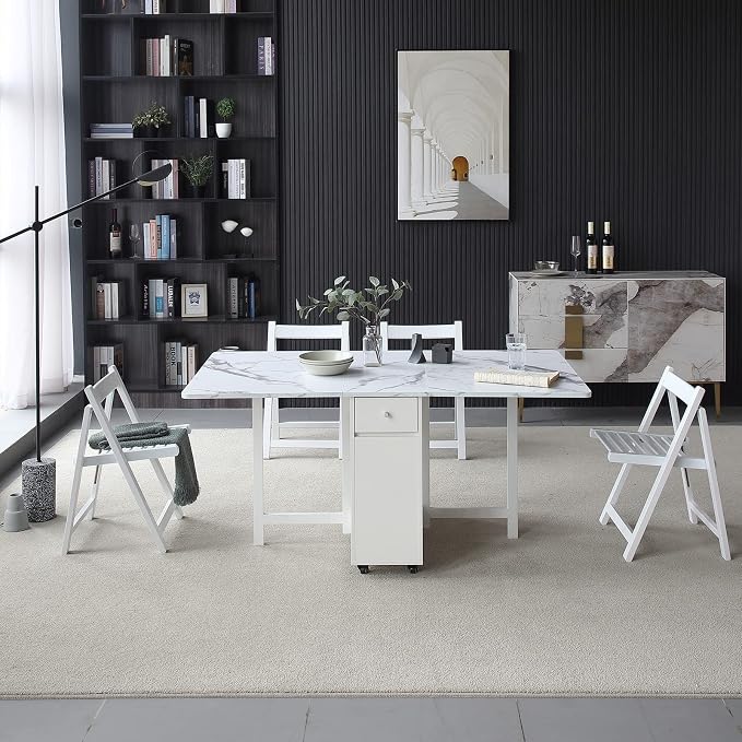 Folding Dining Table with Storage, Kitchen Table for Small Spaces | Foldable, Drop Leaf, Movable, 4 Wheels, Space Saving, Extendable, Marble Texture Top, for Apartment Kitchen Living Room White - Image 4