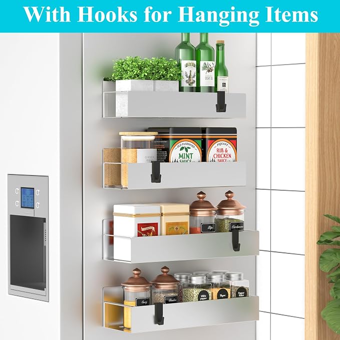HuggieGems Metal Magnetic Spice Rack for Refrigerator Silver, 4 Pack | Magnetic Shelves Heavy Duty for Fridge in Kitchen, Seasoning Storage Organizer, For Oven Washer and Dryer, For Heavier Items - Image 2