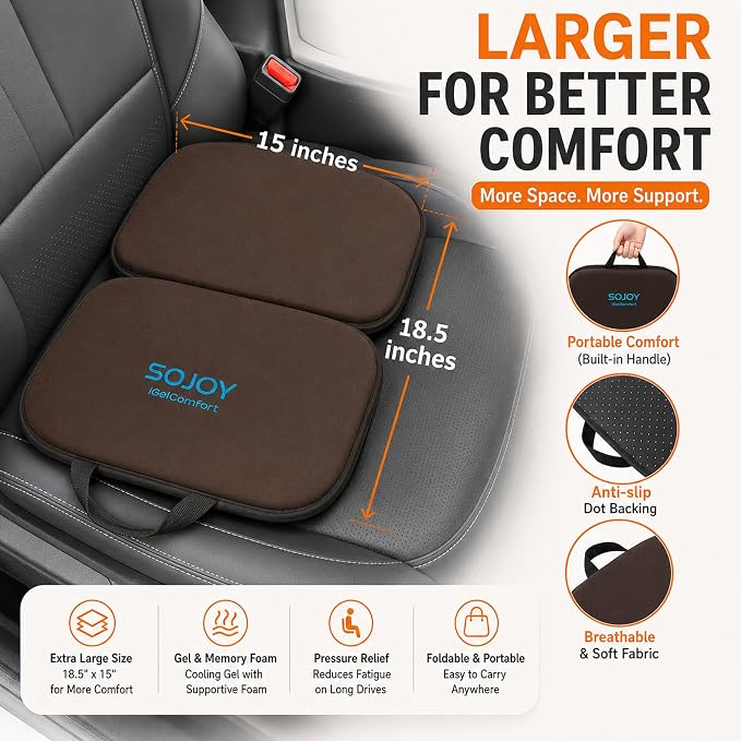 3-in-1 Foldable Gel Seat Cushion with Memory Foam Ergonomic Portable Cushion for Back Pain & Tailbone Relief - Perfect for Office Chair, Airplane Travel & Stadium Seats (18.5" x 15" x 2" Brown) - Image 3