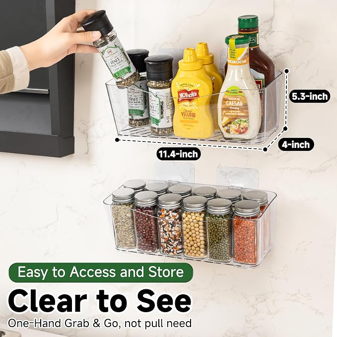 8-Pack Adhesive Pantry Organizers and Storage, Large Cabinet Door Organizer | 11.4" Long, Space Saving, Drain Bottom, Clear Plastic Storage Bins for Kitchen, Bathroom, Refrigerator, Countertop,Under Sink - Image 3